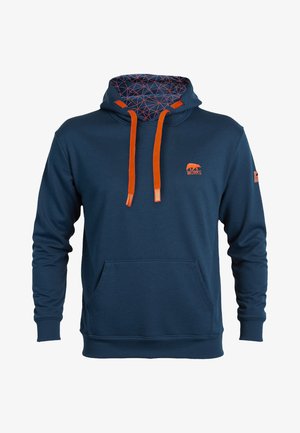 Marineblaue Kapuzenjacke mit verstellbarem Kordelzug, orangefarbenen Akzenten, einer Fronttasche und einem geometrisch gemusterten Innenfutter. Mit kleinem Logo.
