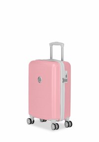 Harde roze koffer met een gestructureerd hexagonaal patroon, witte ritsen, een zilveren logo en vier multidirectionele wielen. Inklapbare handgreep.