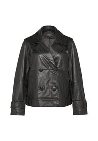 Schwarze, doppelt knöpfbare Lederjacke mit großen Revers, zwei Fronttaschen und Knopfdetails. Glatte Textur mit schmaler Passform.