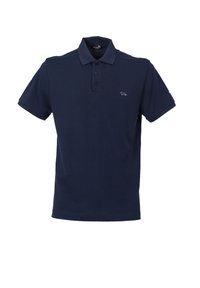 Navy plava polo majica od pamuka, s ovratnikom, trodijelnim gumbima i malim izvezenim logotipom na prsima. Kratki rukavi.