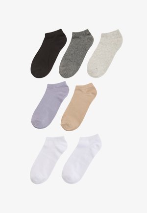 Ottro paia di calzini corti in vari colori: nero, grigio, grigio chiaro, lavanda, beige e bianco. Realizzati in un morbido tessuto elasticizzato.