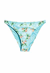 Bikiny nohavičky vyrobené z svetlomodrej látky s vzorom ananásov a listov, s hladkým povrchom a dizajnom s stredným zakrytím.
