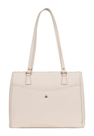 Crèmekleurige leren shopper met dubbele schouderbanden, voorvak en kleine gouden knoopdetail.