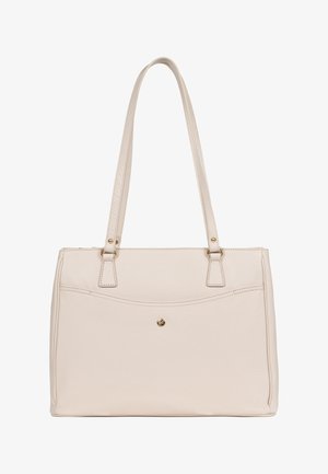 Crèmekleurige leren shopper met dubbele schouderbanden, voorvak en kleine gouden knoopdetail.