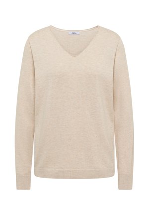 Pull beige à col en V en textile doux, avec manches longues, coupe décontractée, poignets et ourlet côtelés, présentant une finition claire et texturée.