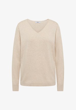 Beiger V-Ausschnitt-Pullover aus weichem Textil, mit langen Ärmeln, legerer Passform sowie gerippten Bündchen und Saum, der eine helle, strukturierte Oberfläche zeigt.