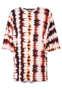 Přes oversized tunika s krátkým rukávem z jemného materiálu. Vyznačuje se tie-dye vzorem v odstínech hnědé, oranžové a bílé. Kulatý výstřih s bočními rozparky.