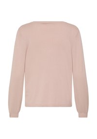 Pull rose clair à manches longues avec un col arrondi, des poignets côtelés et une texture lisse. Design simple, sans motifs ni ornements visibles.