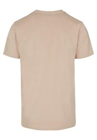 Beige cotton t-shirt, short sleeves, round neckline, smooth texture, plain design, no visible logos or patterns on the back.