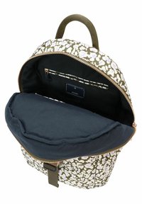 Zaino con motivo floreale, esterno marrone scuro, cerniera dorata e interno spazioso con fodera blu navy e tasca interna con zip.