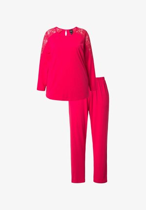 Rosa Loungewear-Set mit einem langärmeligen Oberteil mit Spitzenakzenten und Rundhalsausschnitt, kombiniert mit Hose mit elastischem Bund.