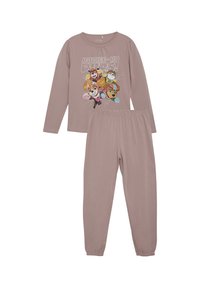 Langärmliges, hellrosa Pyjama-Set mit einem Cartoon-Graphic auf dem Oberteil. Die Hose hat einen elastischen Bund und schmal zulaufende Bündchen.