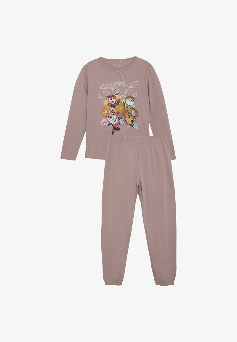 Langärmliges, hellrosa Pyjama-Set mit einem Cartoon-Graphic auf dem Oberteil. Die Hose hat einen elastischen Bund und schmal zulaufende Bündchen.