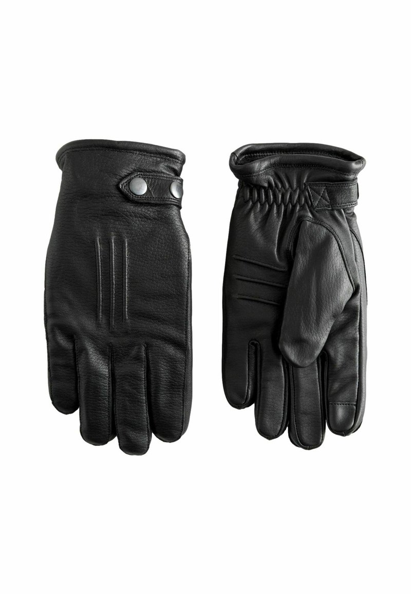 Czarne skórzane rękawiczki z elastycznymi mankietami, wyposażone w srebrne zatrzaski i przeszycia na tyle. Gładka faktura i dopasowany krój.