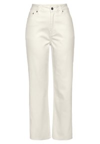 Pantalons en denim blanc avec une coupe droite, dotés d'une fermeture à bouton, de deux poches avant et de détails de couture subtils.