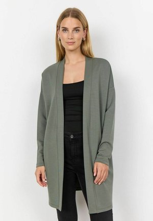 Long, open-front cardigan in olive green, made of soft fabric. Features a relaxed fit, dropped shoulder seams, and full-length sleeves.