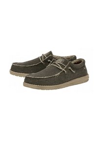 Scarpe slip-on da uomo realizzate in materiale grigio scuro testurizzato con lacci beige e una suola in gomma chiara a contrasto.