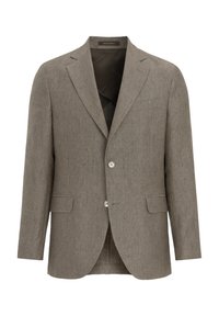 Hellbrauner Leinenblazer mit Reverskragen, zwei Knöpfen und einer einzelnen Brusttasche. Texturiertes Gewebe mit einem subtilen Webmuster.