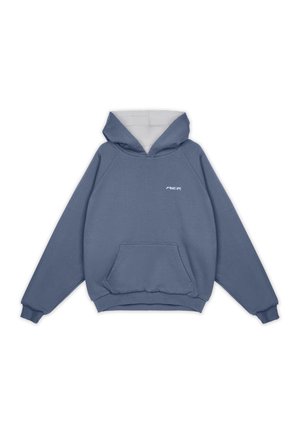Blue hooded sweatshirt with a front pocket, ribbed cuffs and hem, and a white logo on the chest. Made of soft, textured fabric.