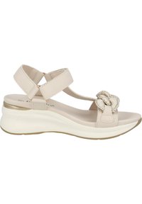 Sandali wedge beige chiaro con cinturini incrociati, una finitura testurizzata e un dettaglio di corda annodata sulla punta. Suola bianca con accenti dorati.