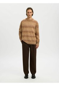 Un homme se tient face à l'avant, portant un pull dégradé marron, un pantalon large marron foncé et des chaussures en cuir noir sur un fond blanc uni.