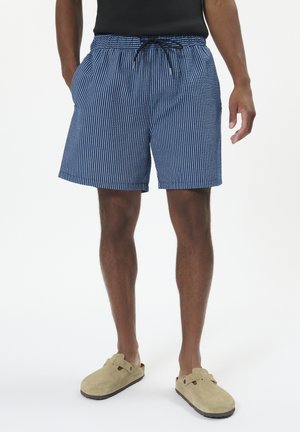 Blaue und weiße gestreifte Shorts mit elastischem Bund und Kordelzug, ausgestattet mit Seitentaschen. Getragen mit beigen Slippers.