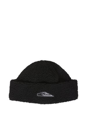 Black textured fleece beanie with a folded cuff displaying a small white embroidered logo on the front center.