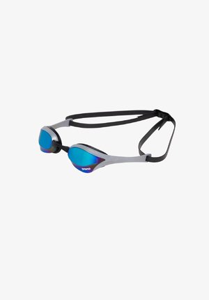 Arena goggles with mirrored blue lenses, gray frame, and black adjustable straps for secure fit. Aerodynamic design for performance.