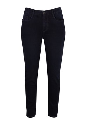 Dark denim jeans with a slim fit, mid-rise waist, five pockets, and contrasting stitching along the seams. Smooth texture, no embellishments.