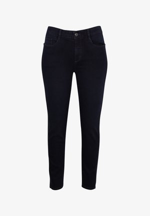 Dark denim jeans with a slim fit, mid-rise waist, five pockets, and contrasting stitching along the seams. Smooth texture, no embellishments.