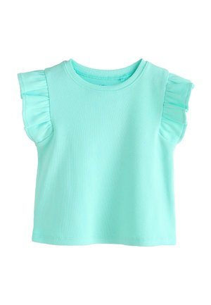 Top de manga corta de color turquesa claro con textura acanalada, mangas con volantes y escote redondo, mostrado sobre un fondo blanco.