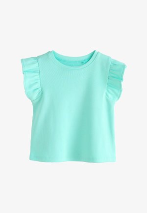 Svjetlo tirkizni rebrasti top kratkih rukava s naboranim kap rukavima i okruglim izrezom, prikazan na bijeloj pozadini.