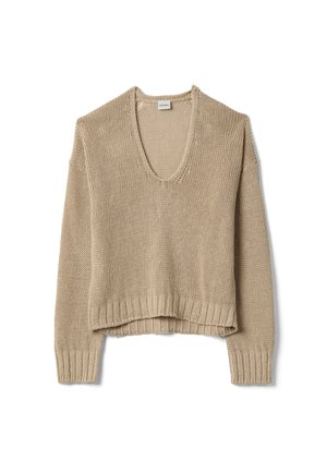 Beiger gestrickter Pullover mit langen Ärmeln, tiefem V-Ausschnitt sowie gerippten Bündchen und Saum, leicht gekürzte Länge.