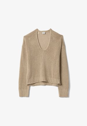 Beiger gestrickter Pullover mit langen Ärmeln, tiefem V-Ausschnitt sowie gerippten Bündchen und Saum, leicht gekürzte Länge.