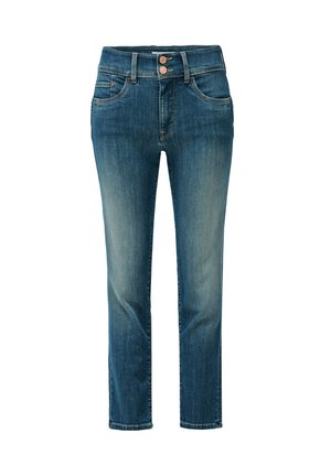 Jeans in denim con vita media, lavaggio azzurro chiaro, chiusura a due bottoni e design a cinque tasche. Gamba dritta con dettagli di leggero sbiadimento.