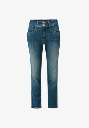 Denim jeans met een middelhoge taille, lichtblauwe wassing, sluiting met twee knopen en vijf zakken. Rechterslag met subtiele vervagingdetails.