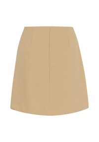 Beige minisukně s hladkou strukturou, jednoduchý design, plochý pas a žádné viditelné kovové detaily ani vzory.