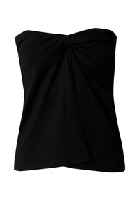 Schwarzes, trägerloses Top aus einem weichen, dehnbaren Material, mit einem gedrehten Design an der Vorderseite und einer eleganten, konturierten Passform.