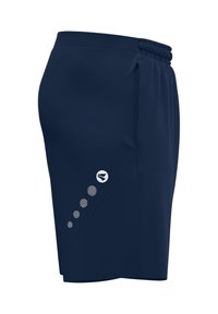 Marine sportieve shorts met een gestructureerde tailleband, een logo op de onderste voorkant en ronde accenten langs de zijnaad. Gemaakt van een soepel stof.