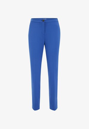 Niebieskie, dopasowane damskie spodnie z prostymi nogawkami, zapinane z przodu na guziki, z ukrytym zamkiem błyskawicznym.