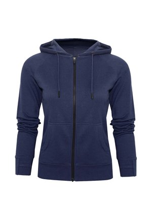 Felpa con zip di colore blu navy realizzata in tessuto morbido, dotata di cappuccio, maniche lunghe, tasche frontali e dettagli con cordino sul colletto.