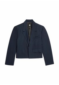 Blazer azul marino recortado con un diseño de un solo botón, solapa muesca, un bolsillo en el pecho y dos bolsillos frontales. Acabado de tejido suave.