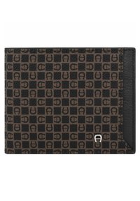 Portefeuille en cuir marron présentant un motif géométrique avec des accents noirs, y compris un détail de logo. Fini texturé et design bi-fold.
