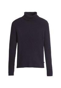 Schwarzer gerippter Rollkragenpullover mit langen Ärmeln, aus einem strukturierten Strickstoff gefertigt. Verfügt über einen eng anliegenden Kragen und einen geraden Saum.
