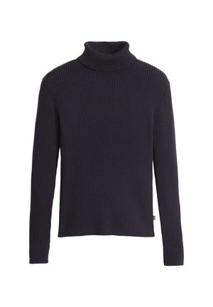 Maglione nero a collo alto con maniche lunghe, realizzato in un tessuto a maglia texturizzato. Presenta un collo aderente e un orlo dritto.