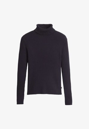 Suéter negro de cuello alto acanalado con mangas largas, hecho de un tejido de punto texturizado. Cuenta con un cuello ajustado y un dobladillo recto.