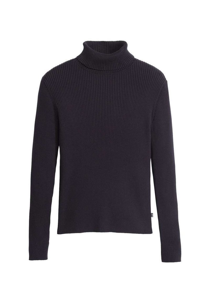 Pull en maille côtelée noir à col roulé avec des manches longues, fabriqué à partir d'un tissu tricoté texturé. Il présente un col ajusté et une finition droite à l'ourlet.