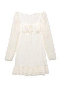 Vestido blanco con mangas largas abullonadas, cuerpo recogido, detalle de cordón y dobladillo con volantes. Hecho de una tela ligera con una textura suave.