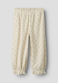 Lichtbeige geribde broek met een bloemenpatroon, elastische tailleband en geplooide boorden. Beschikt over kleine rozenontwerpen die gelijkmatig verspreid zijn.