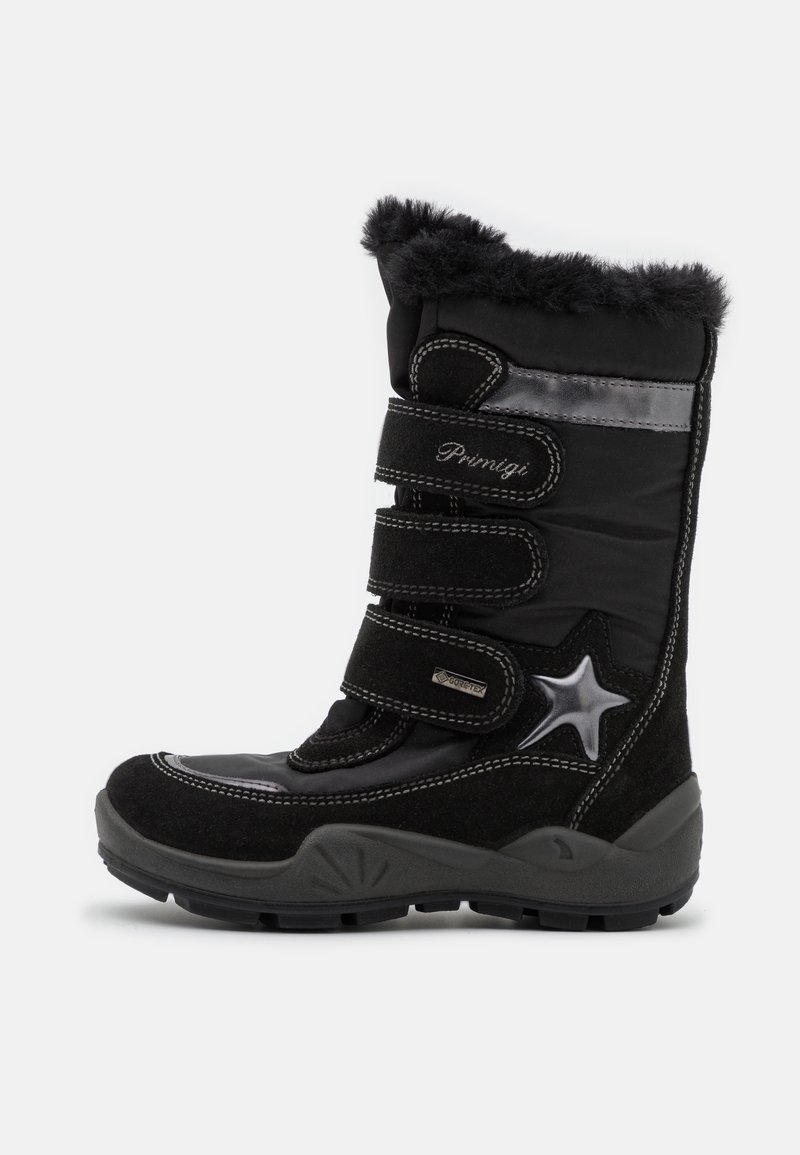 Black snow boots featuring a textile upper with faux fur trim, three Velcro straps, and a star accent on the side. Rubber sole for traction.